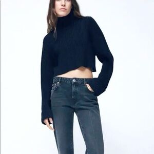 ZARA Ribbed Knit Cropped Mock Turtleneck Sweater Elongated Long Sleeve Size S